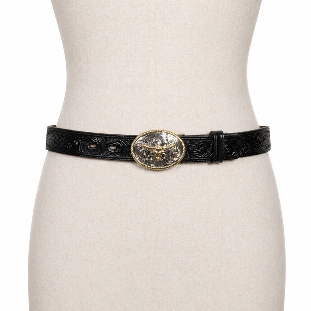 3D Belt Co. Leather Belt Longhorn Bull Western Womens 26 Black